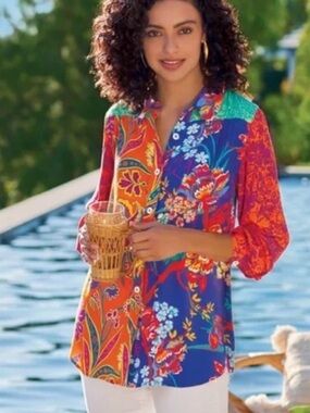 Soft Surroundings “Hermosa” Patchwork Floral Tunic Blouse Size Large